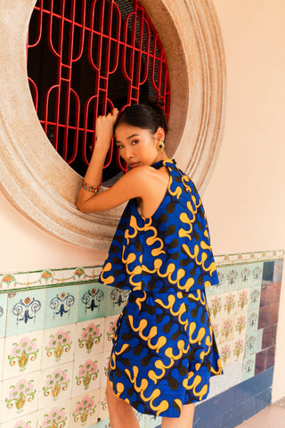 Alika Cheongsam Twin Set - Blue and Yellow Awoulaba African Ankara Wax Cotton Print