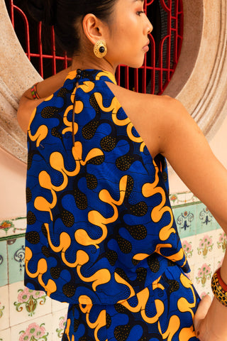 Alika Halter Neck Top - Blue and Yellow Awoulaba African Ankara Wax Cotton Print