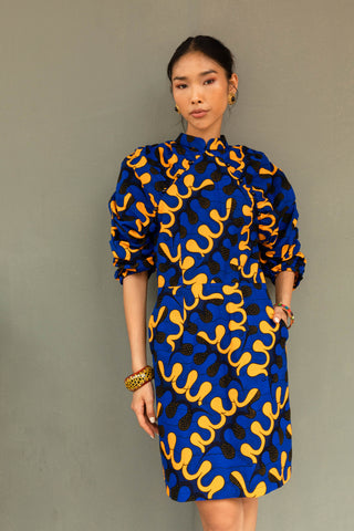 Chiamaka Cheongsam Dress - Blue and Yellow Awoulaba African Ankara Wax Cotton Print