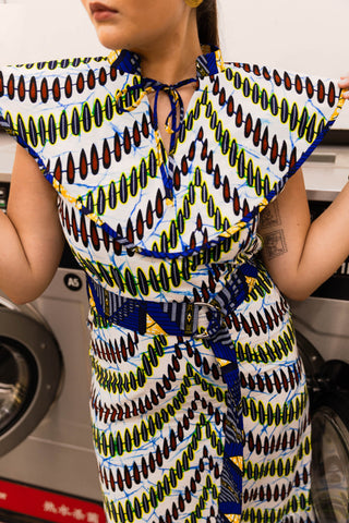 Saahana Cheongsam Dress - Blue White and Yellow African Ankara Wax Cotton Print