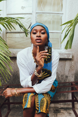 Peace Headwrap - Blue and Yellow African Ankara Wax Cotton Print