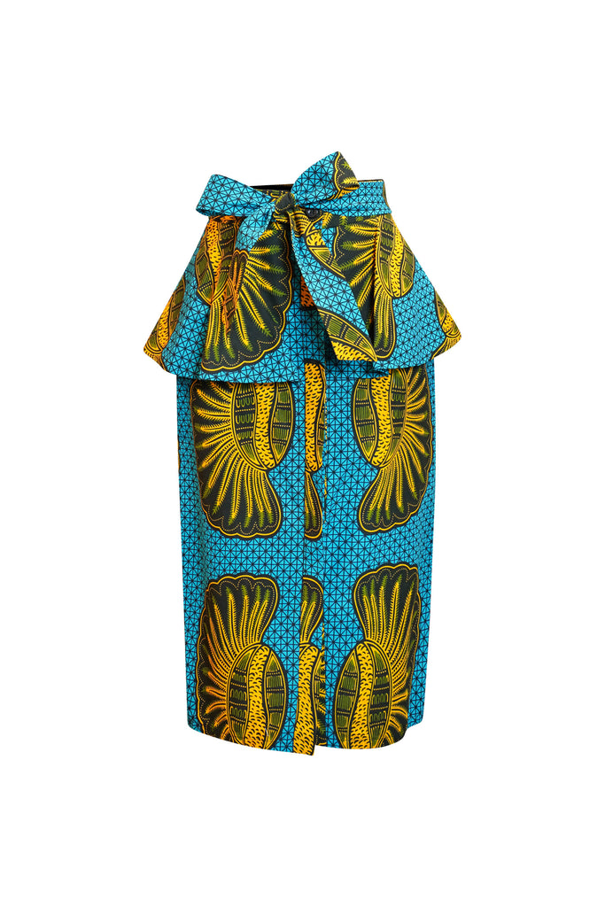 Peace Ruffled Pencil Midi Skirt - Cyan and Yellow Shell African Ankara Wax Cotton Print
