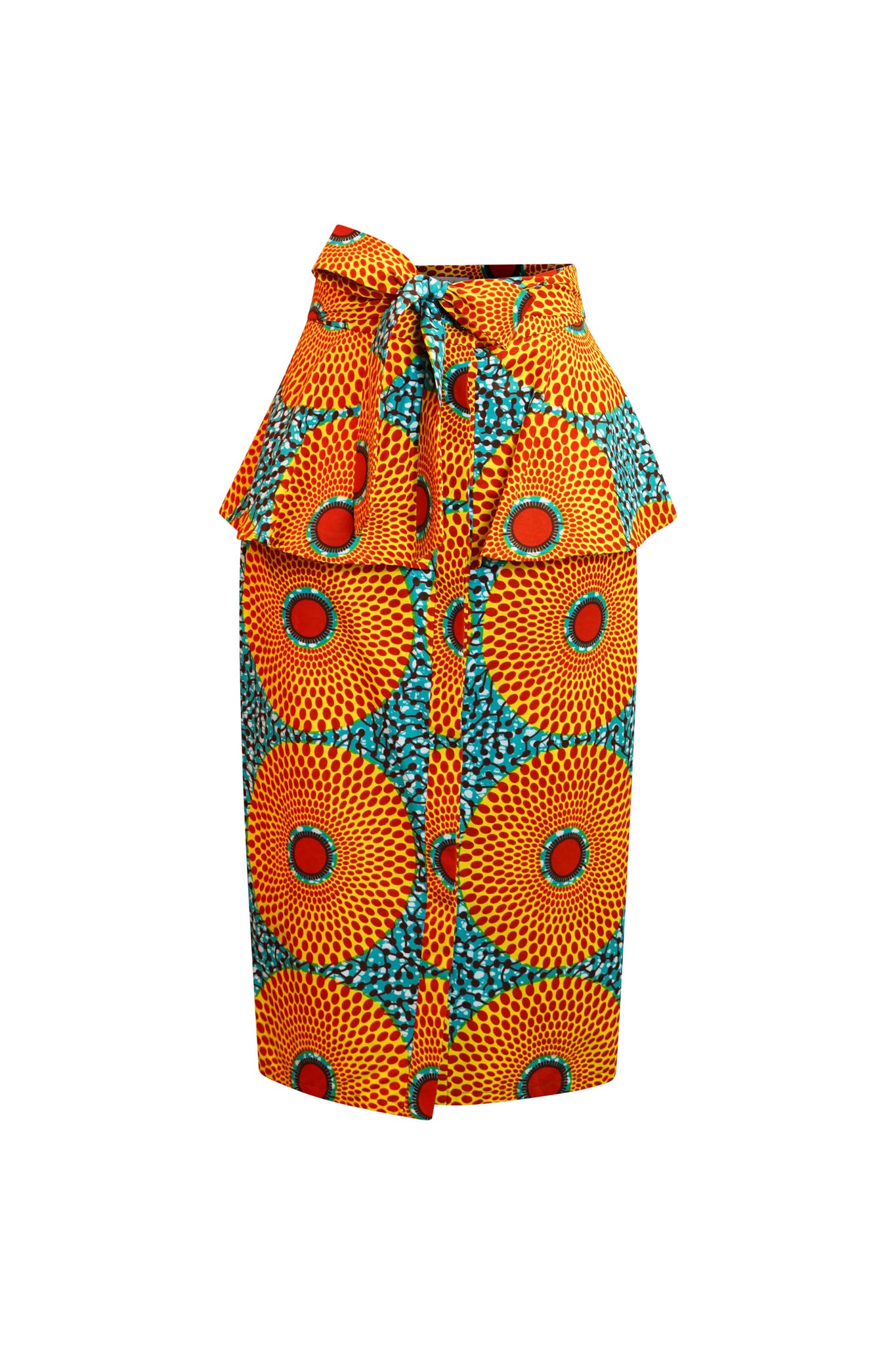 Peace Ruffled Pencil Midi Skirt - Orange and Cyan Water Well African Ankara Wax Cotton Print