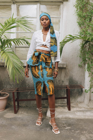 Peace Ruffled Pencil Midi Skirt - Cyan and Yellow Shell African Ankara Wax Cotton Print