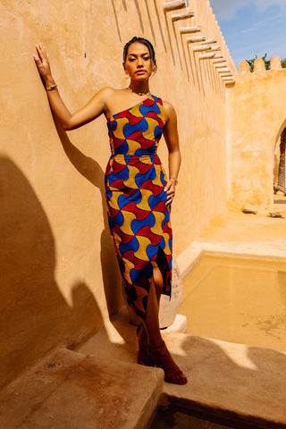 Pili One Shoulder Dress - Blue Red and Yellow Santana African Ankara Wax Cotton Print