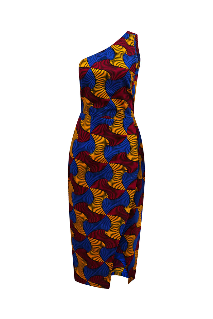 Pili One Shoulder Dress - Blue Red and Yellow Santana African Ankara Wax Cotton Print