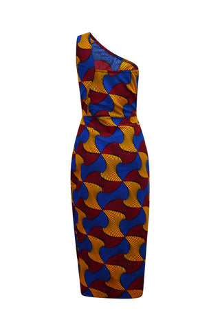 Pili One Shoulder Dress - Blue Red and Yellow Santana African Ankara Wax Cotton Print