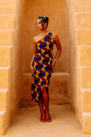 Pili One Shoulder Dress - Blue Red and Yellow Santana African Ankara Wax Cotton Print