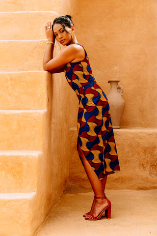 Pili One Shoulder Dress - Blue Red and Yellow Santana African Ankara Wax Cotton Print