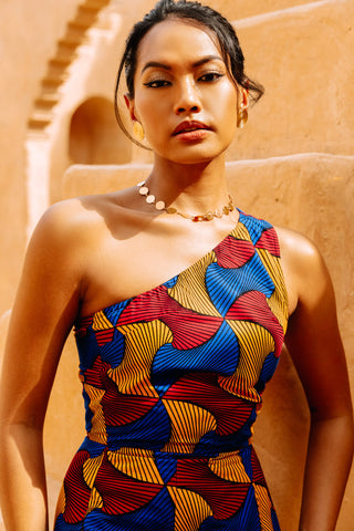 Pili One Shoulder Dress - Blue Red and Yellow Santana African Ankara Wax Cotton Print