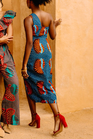 Pili One Shoulder Dress - Blue Shell African Ankara Wax Cotton Print