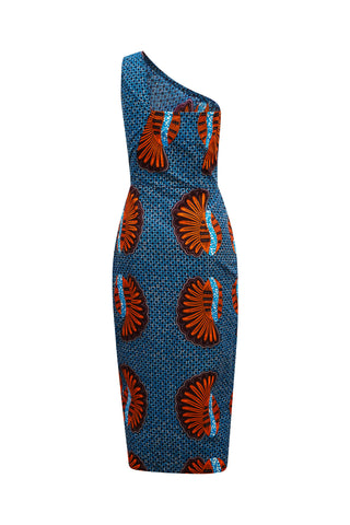 Pili One Shoulder Dress - Blue Shell African Ankara Wax Cotton Print