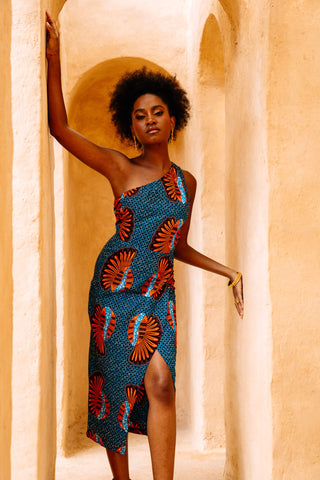 Pili One Shoulder Dress - Blue Shell African Ankara Wax Cotton Print