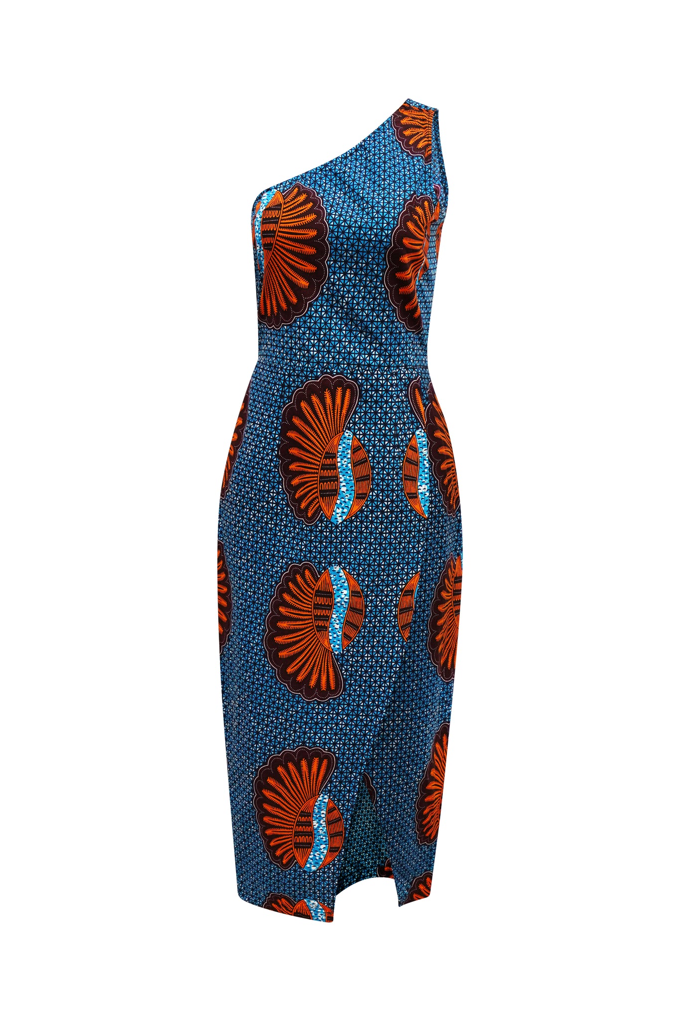 Pili One Shoulder Dress - Blue Shell African Ankara Wax Cotton Print