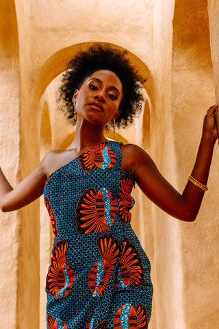 Pili One Shoulder Dress - Blue Shell African Ankara Wax Cotton Print