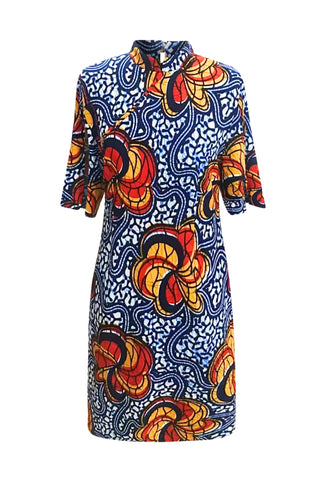 Renni Cheongsam Dress - Blue Yellow &Orange Odo Ayo Print