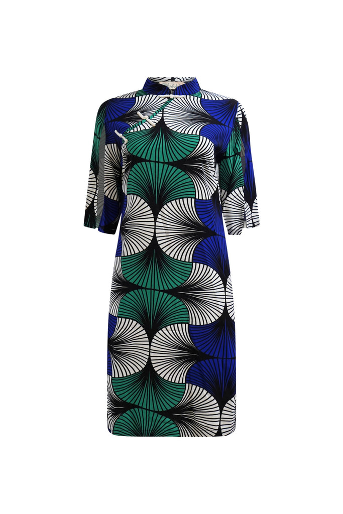 Renni Cheongsam Dress - Blue White & Green EWA NAIBU Print