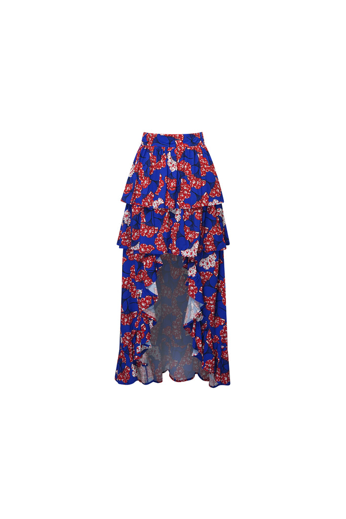 Safira Tiered Ruffle Asymmetric Flowy Skirt - Blue White Red Rolls Royce Print | ILC OA OG