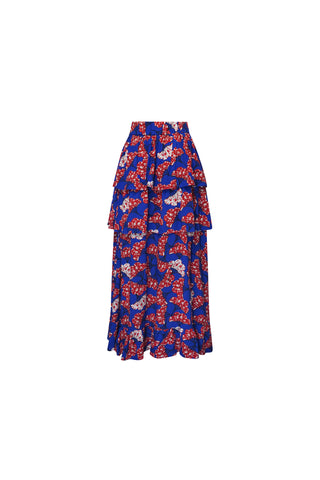 Safira Tiered Ruffle Asymmetric Flowy Skirt - Blue White Red Rolls Royce Print | ILC OA OG