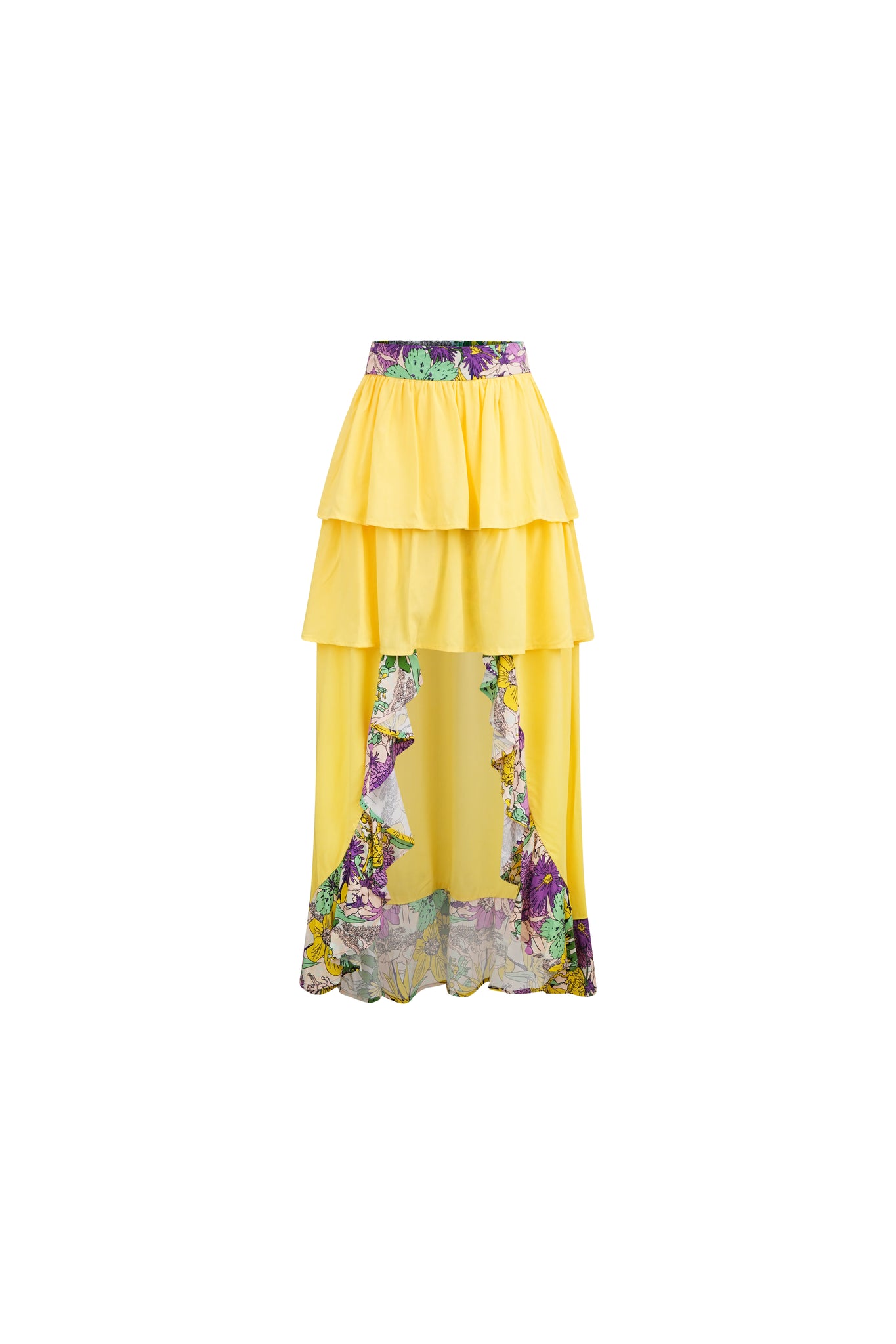 Safira Tiered Ruffle Asymmetric Flowy Skirt - Yellow Pink Garden Mosaic Print | ILC OA OG