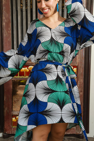 Sope Dress - Blue White & Green EWA NAIBU Print