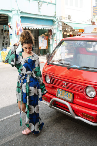 Sope Dress - Blue White & Green EWA NAIBU Print