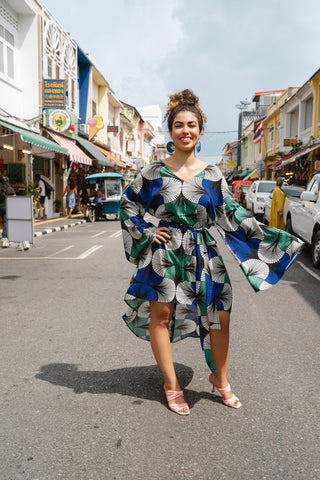 Sope Dress - Blue White & Green EWA NAIBU Print