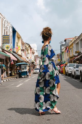 Sope Dress - Blue White & Green EWA NAIBU Print