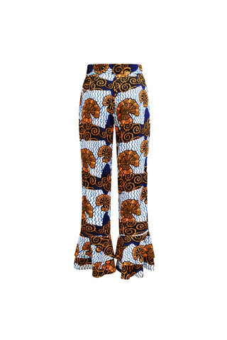Surya Pants with Ruffles at the Hem - White and Blue House of Snails Print