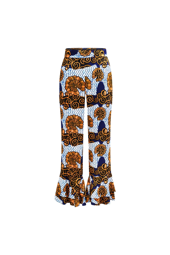Surya Pants with Ruffles at the Hem - White and Blue House of Snails Print