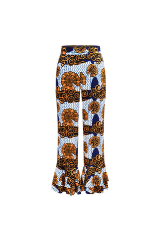 Surya Pants with Ruffles at the Hem - White and Blue House of Snails Print