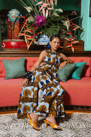 Surya Cheongsam Top - White and Blue House of Snails Print