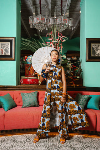 Surya Pants with Ruffles at the Hem - White and Blue House of Snails Print