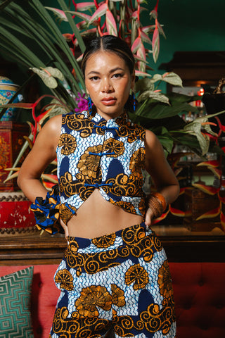 Surya Pants with Ruffles at the Hem - White and Blue House of Snails Print