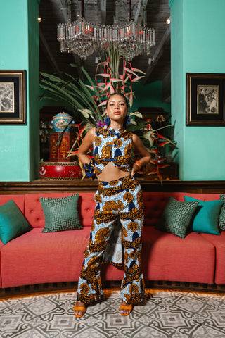 Surya Pants with Ruffles at the Hem - White and Blue House of Snails Print