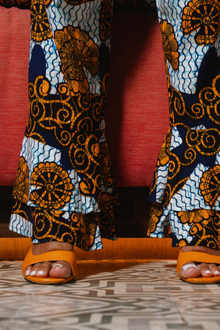 Surya Pants with Ruffles at the Hem - White and Blue House of Snails Print