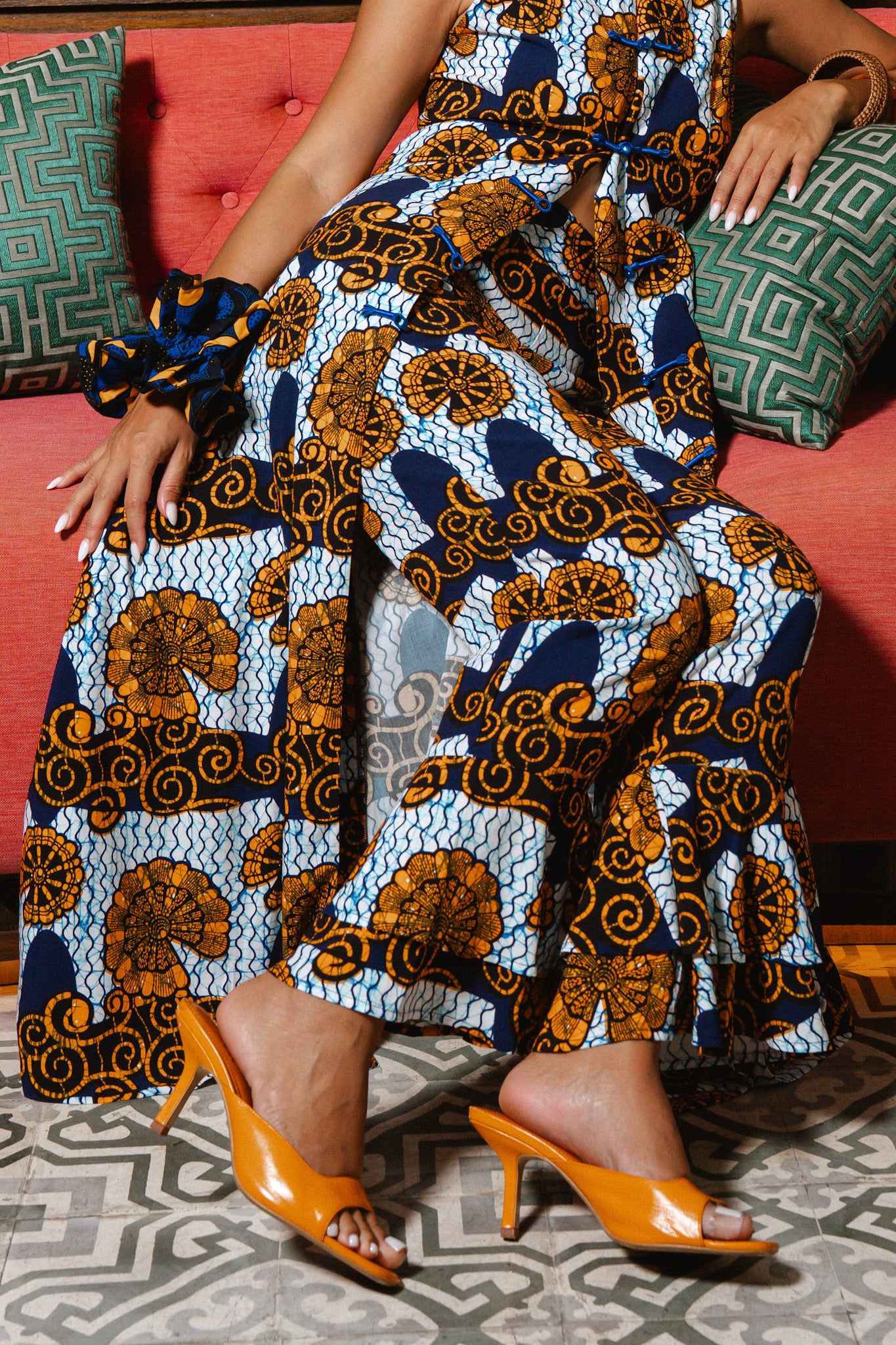 Surya Pants with Ruffles at the Hem - White and Blue House of Snails Print