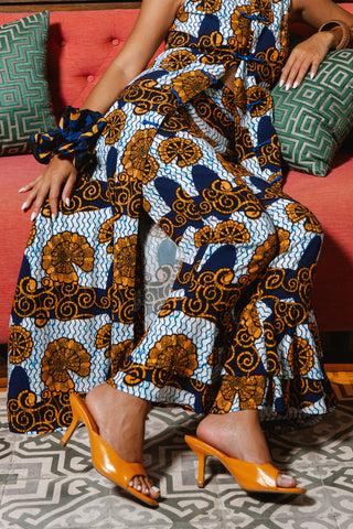 Surya Pants with Ruffles at the Hem - White and Blue House of Snails Print