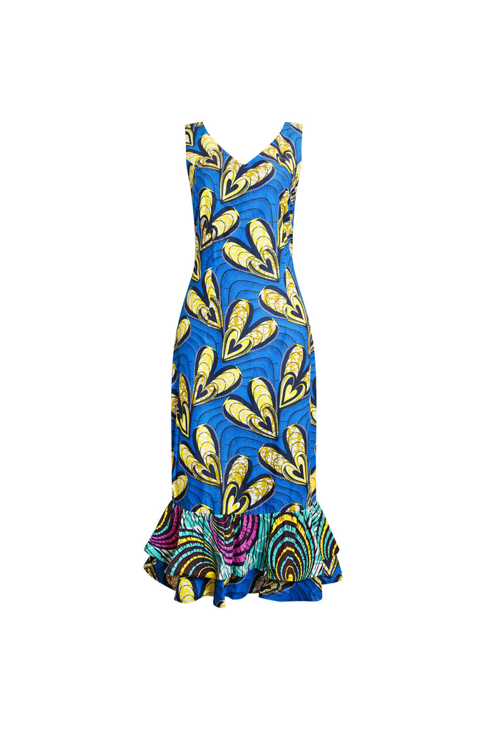 Thema Ruffle-hem Sleeveless Bodycon Dress - Blue and Yellow Desire African Ankara Wax Cotton Print