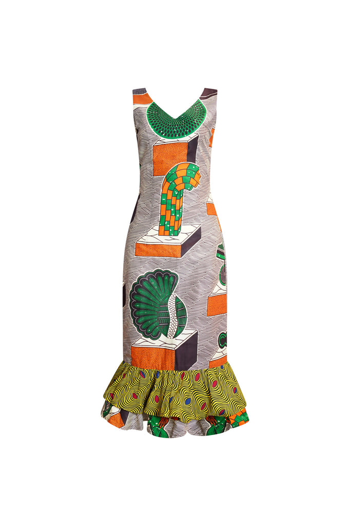 Thema Ruffle-hem Sleeveless Bodycon Dress - Orange and Green African Ankara Wax Cotton Print