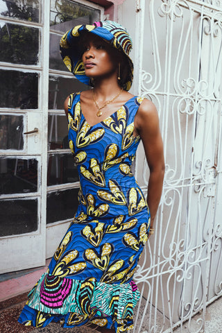 Thema Ruffle-hem Sleeveless Bodycon Dress - Blue and Yellow Desire African Ankara Wax Cotton Print