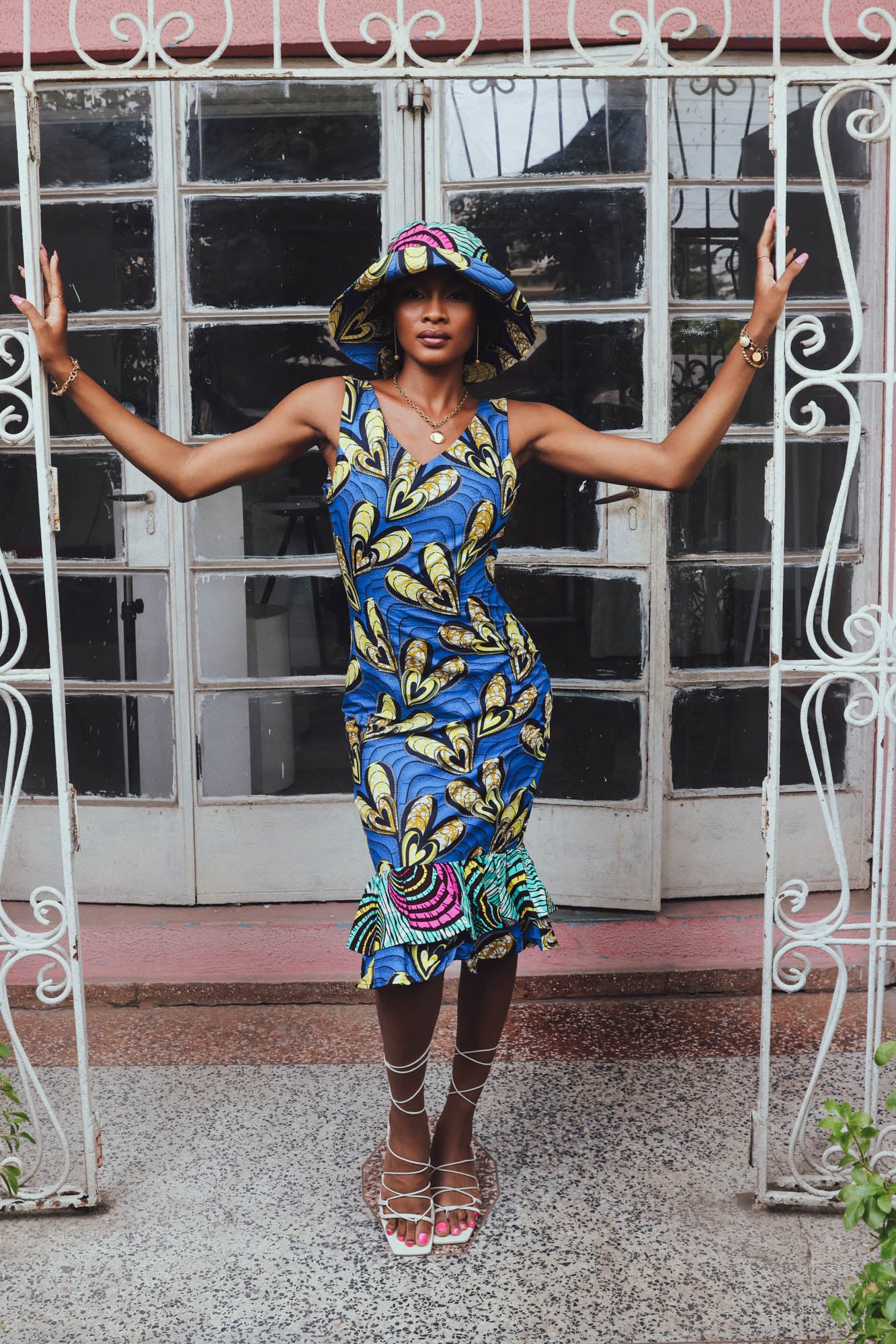 Thema Ruffle-hem Sleeveless Bodycon Dress - Blue and Yellow Desire African Ankara Wax Cotton Print