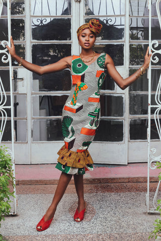 Thema Ruffle-hem Sleeveless Bodycon Dress - Orange and Green African Ankara Wax Cotton Print