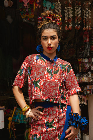 Tine Cheongsam Top - Red White & Green Onyame Sɛn Print