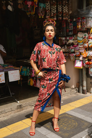 Tine Cheongsam Top - Red White & Green Onyame Sɛn Print