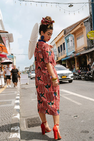 Tine Cheongsam Top - Red White & Green Onyame Sɛn Print