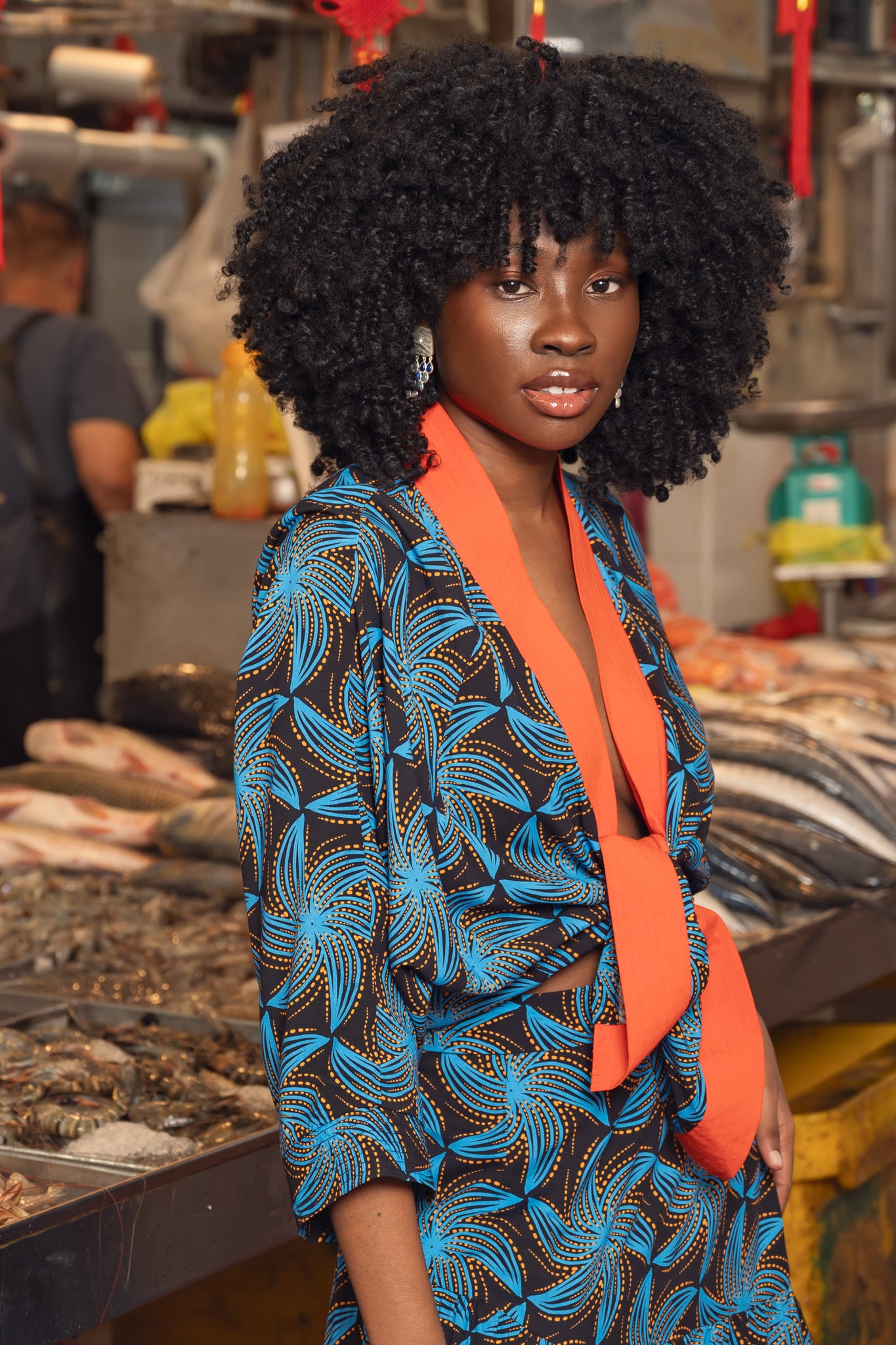 Tongo Loose Fit Unisex Afromono Kimono - Orange Black and Blue Stellar Whirls Print | ILC OA OG