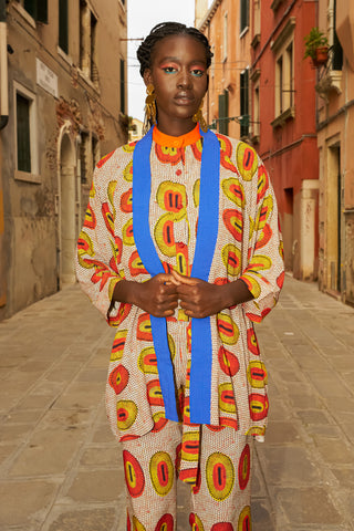 Tongo Loose Fit Unisex Afromono Kimono - Blue Orange Yellow Rhythmic Spirits Print | ILC OA OG