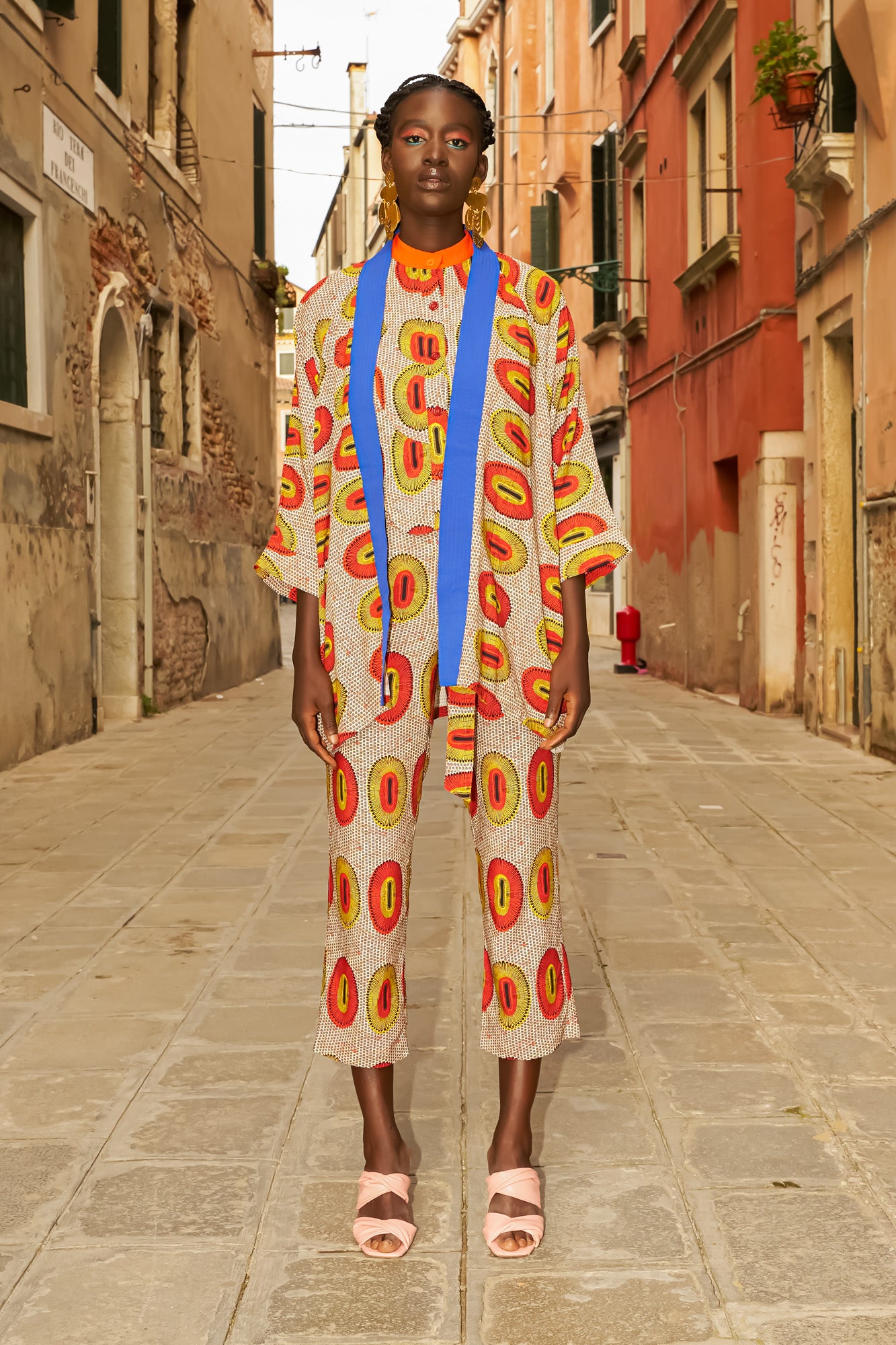 Tongo Loose Fit Unisex Afromono Kimono - Blue Orange Yellow Rhythmic Spirits Print | ILC OA OG