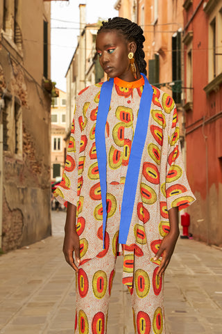 Tongo Loose Fit Unisex Afromono Kimono - Blue Orange Yellow Rhythmic Spirits Print | ILC OA OG